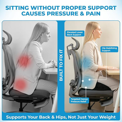 Seat Cushion, for Office Chairs, Coccyx & Tailbone Pain Relief, Ergonomic Design, Memory Foam, Non-Slip Washable Cover, for Office, Car, Wheelchair, Gaming