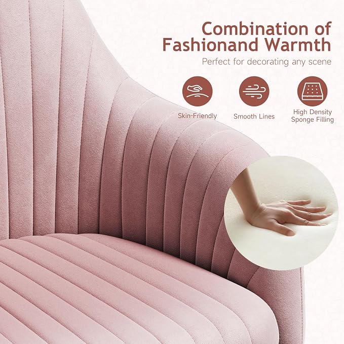 Warmiehomy Velvet Vanity Chair with Back, Desk Chair for Home Office, Comfy Cute Makeup Chair with Arm Rest for Bedroom, Office Furniture, Blush Pink