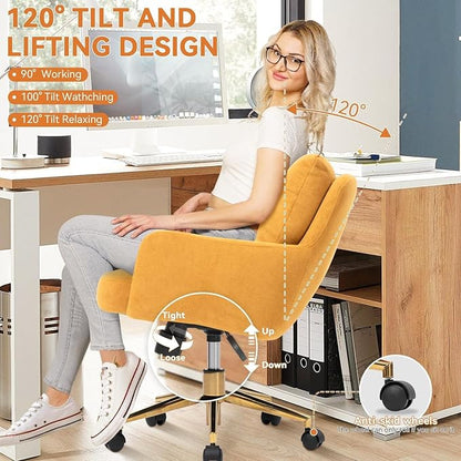 Flannel Office Chair, Comfy Home Office Desk Chairs with Lumbar Support, Modern Velvet Desk Chair Gold Legs Small Swivel Task Chair for Home Office, Bedroom, Study (Yellow, XL)