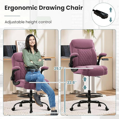 MAHOMICO Drafting Chair for Standing Desk – Tall Office Chair with Adjustable Height & Foot Ring, Flip-Up Arms, Lumbar Support – Comfortable Fabric Seat, Ideal Home Desk Chair