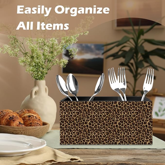 DILSJ Trendy Retro Leopard Print Pen Pencil Holder Organizer for Desk, Cheetah Room Decor, Leopard Print Gifts for Women, Cheetah Wooden Box Signs for Girly Bedroom Dorm Desk Tabletop Decor Supplies