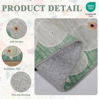 DUKINO 2.6x8 Kitchen Runner Rug for Hallway, Washable Runner Rug with Non Slip Backing, Low Pile Soft Boho Floral Carpet for Hallway, Kitchen, Entryway, Laundry, Bedroom, Green