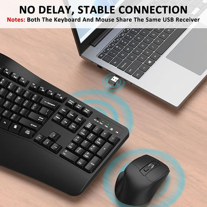 Wireless Keyboard and Mouse Combo, Ergonomic Wave Keys (Black) | 2.4G Full Size Wave Keyboard with Wrist Rest, 3-Level DPI Adjustable Ergonomic Mouse for Windows and Mac OS Desktop/Laptop/PC