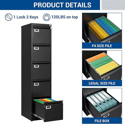 Fesbos File Cabinets - 5 Drawers Vertical 17.8" Deep Lockable Filing Cabinet - Black & Gray Metal Storage Cabinets for Home Office to Hanging Files Letter/Legal/F4/A4 Size