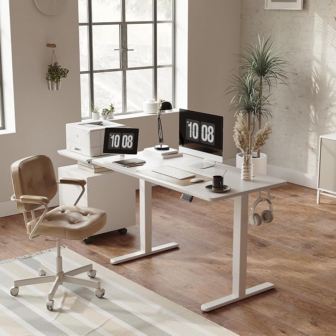 FAMISKY Electric Standing Desk, 40 x 24 Inches Height Adjustable Desk, Ergonomic Home Office Computer Workstation with Splice Board, White