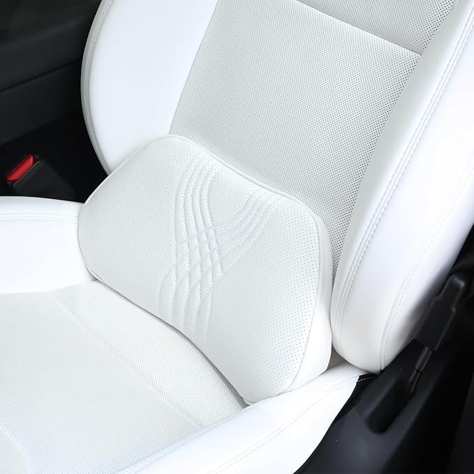 Lumbar Support Pillow for Car Seat, Office Chair Leather Memory Foam Lower Back Cushion for Back Pain Relief Improve Posture, Ergonomic Back Rest for Gaming Chair, White, 1PC