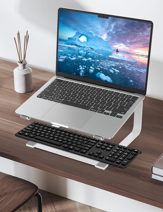 SOUNDANCE Laptop Stand for Desk, Ergonomic Metal Computer Riser for 12-17.3 Inch Laptops, Heavy Duty Stable Desktop Holder, Improves Eye Level & Workspace Organization, White