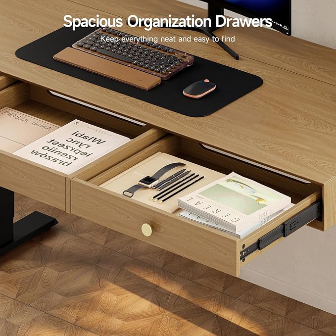 Electric Standing Desk with 3 Drawers, 55 x 24 Inch Height Adjustable Stand up Desk with Storage and Widened Legs, Retro Home Office Desks with Memory Controller for Computer Workstation, Oak Brown