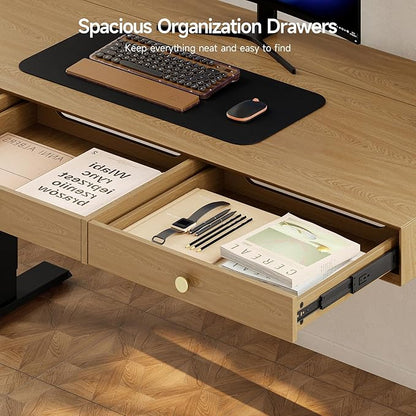 Electric Standing Desk with 3 Drawers, 55 x 24 Inch Height Adjustable Stand up Desk with Storage and Widened Legs, Retro Home Office Desks with Memory Controller for Computer Workstation, Oak Brown