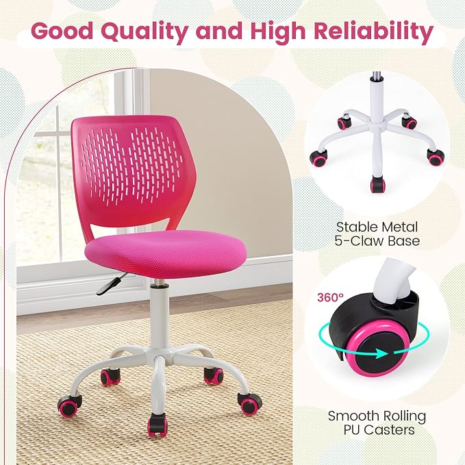 POWERSTONE Small Home Office Desk Chair, Swivel Rolling Study Computer Chair, Adjustable Height Task Chair with Armless Mid Back, Upholstered Mesh Seat, Rose