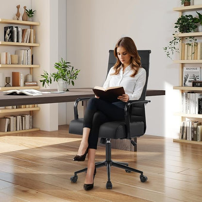 Office Desk Chair, Modern Leather Conference Room Chairs with High Back,Wheels and Arms, Ergonomic Executive Ribbed Height Adjustable Swivel Chair for Home Office (Black Frame)