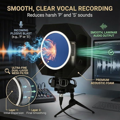 Professional Microphone Isolation Shield with Pop Filter,Reflection Filter for Recording Studios, Sound-absorbing Foam for Noise and Reflection Reduction for Recording,Singing,Podcasts,live stream