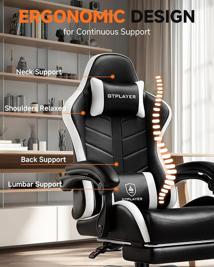 GTPLAYER Gaming Chair, Ergonomic Game Computer Chairs with Foot Rest for Adults, Adjustable PC Game Chair with Reclining Function and Comfortable Headrest for Home and Office Use (White)