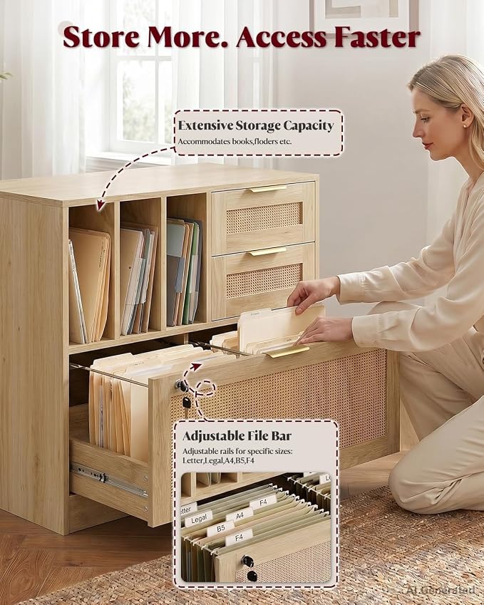 HOPUBUY 3 Drawer File Cabinet with Lock, Wood Rattan Lateral Filing Cabinet for Home Office, Printer Stand with 3 Open Shelves for Letter/Legal/A4/F4 Size, Adjustable Hanging Bars, Natural Wood
