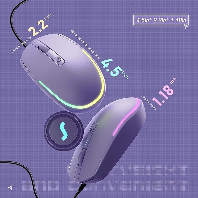 seenda Wired Mouse - USB Computer Mice Wired with RGB Backlit Optical LED Mouse with Attached USB Cord for Laptops Notebooks Chromebook - Purple