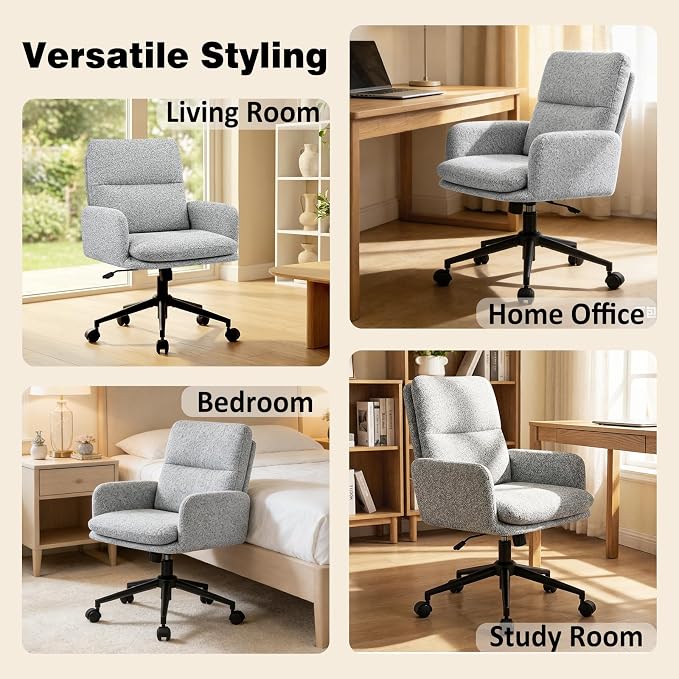 Comfortable Ergonomic Office Chair, Upholstered Desk Chair with Double-Layer Cushioning, Adjustable Height Swivel Task Chair with Padded Armrests, Rolling Wheels and Metal Base, Light Grey