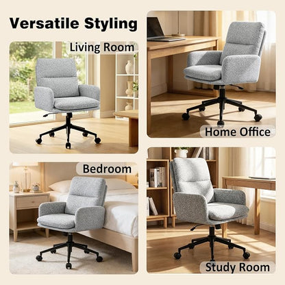 Comfortable Ergonomic Office Chair, Upholstered Desk Chair with Double-Layer Cushioning, Adjustable Height Swivel Task Chair with Padded Armrests, Rolling Wheels and Metal Base, Light Grey