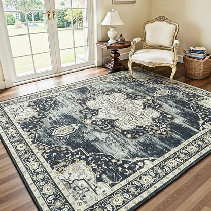 Lofus 5x7 Washable Rugs Non-Slip, Vintage Floral Area Rug for Living Room Bedroom Dining Room Kitchen, Low Pile Distress Print Medallion Carpet Home Decor Rug, Black Beige