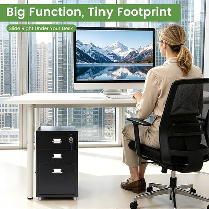 3-Drawer File Cabinet with Lock, Metal Mobile Filing Cabinet Vertical Storage Under Desk for Home Office Fits Legal Letter Document