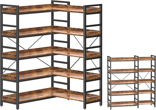 HCHQHS Adjustable Book Shelf with 8 Hooks, Reversible Corner Bookshelf, Industrial Wooden and Metal Bookcase for Living Room, Bedroom, Home Office (Rustic Brown, 5 Tier)