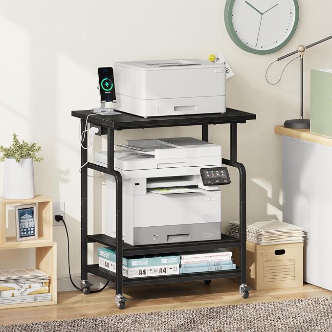 YAOHUOO 3 Tier Large Printer Stand with Power Outlet/Adjustable Shelf | 23.6"x19.6" Large Top,Fit 2-3 printers,Rolling Cart with Wheels,Table for Home Office,Fit 3D Printer/Heat Press/Laser,Black
