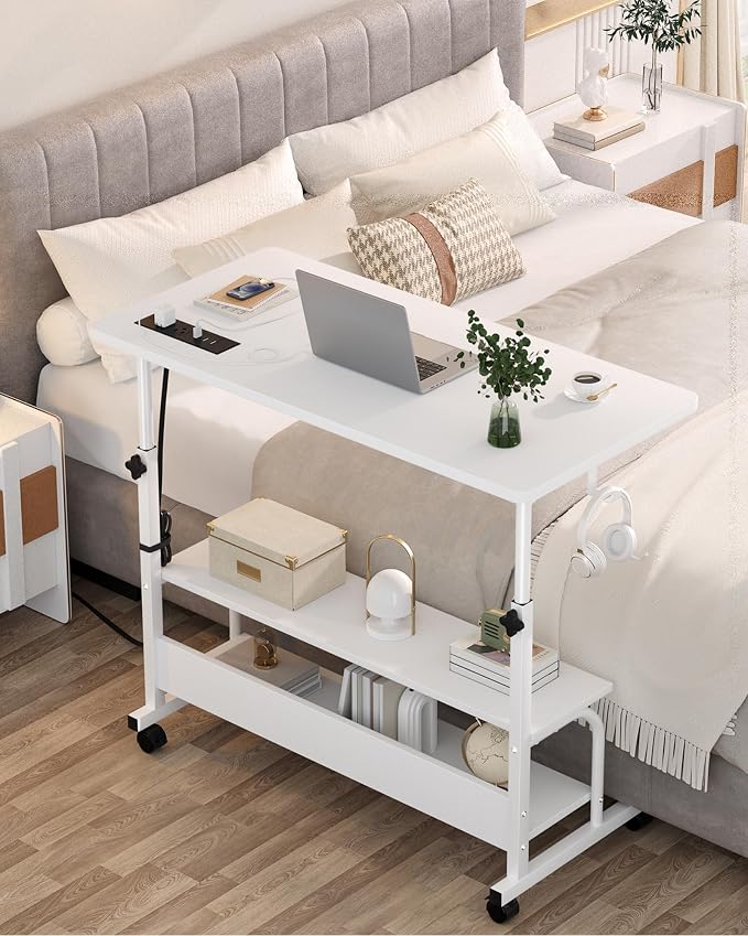 Armocity Rolling Standing Desk with Charging Station, Portable Height Adjustable Mobile Computer Desk with Wheels & 2-Tier Shelves & Hooks, Easy Assembly Laptop Table for Couch Bed, 32" White