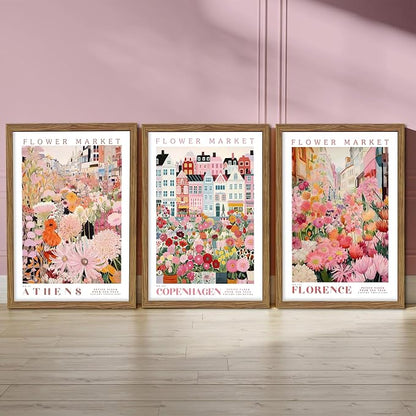 Floral Wall Art Set of 3, Colorful Flower Market Canvas Wall Decor Paintings, Pink Wildflower Botanical Posters Prints Pictures Artwork for Bedroom Living Room 16x24 Inch Wood Framed