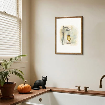 Framed Funny Frog Canvas Wall Art, Cute Frog Showering in Bathroom Canvas Prints, Whimsical Watercolor Cartoon Painting, Modern Minimalist Wall Decor for Bathroom Toilet Washroom 16x24in