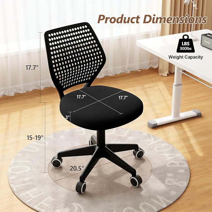 Small Office Chair with Wheels, Armless Desk Chair Height Adjustable Swivel Rolling Task Chair Breathable Mesh Ergonomic Computer Work Chair for Adult, Black
