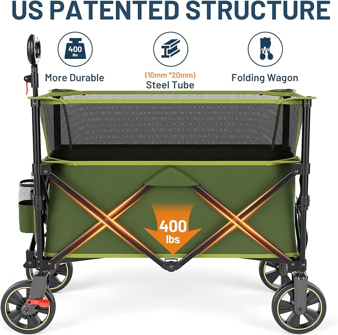 Timber Ridge 350L Extra Large Collapsible Folding Wagon Carts with Brake, Heavy Duty Outdoor Camping Utility Wagons with Extended Height, Adjustable Handle, Cup Holders, Side Bag(Green)