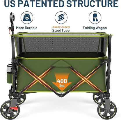 Timber Ridge 350L Extra Large Collapsible Folding Wagon Carts with Brake, Heavy Duty Outdoor Camping Utility Wagons with Extended Height, Adjustable Handle, Cup Holders, Side Bag(Green)
