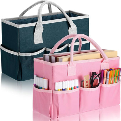 Tellingyou 2 Pcs Art Craft Tote Bag Teacher Craft Organizers and Storage Bag Desktop Tote Supply 600d Oxford Classroom Organizer Caddy Gift for Crafters Christmas Office(Dark Green, Pink)