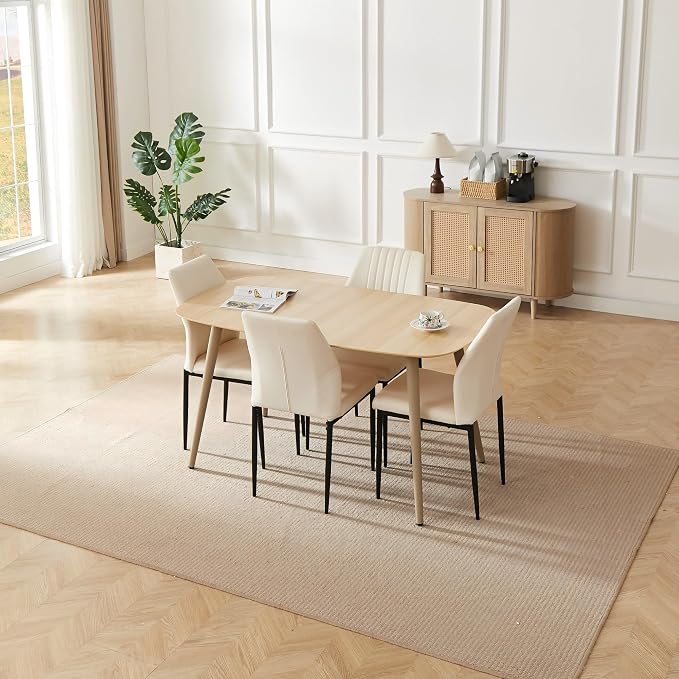 HIPIHOM 55.1" Modern Dining Table Set for 4, Scratch-Resistant Wood Table with 4 Black Leather Chairs, Stylish & Durable Dining Room Furniture, Space-Saving Kitchen Table Set for Family & Apartment