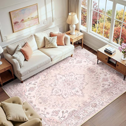 RELEANY Area Rugs 6'x9' Washable Non-Slip, Floral Vintage Distress Medallion Carpet for Living Room Bedroom Dining Room, Pink Greypink Cute