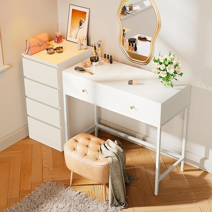 SUPERJARE 39.4" White Desk with 2 Drawers, Modern Makeup Vanity Desk, Small Computer Desk Home Office Desk for Writing Study Bedroom