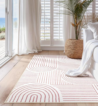 Lahome Abstract Washable Rugs, 4x6 Pink Rug for Bedroom Nursery Soft Non Slip Modern Living Room Rug, Ultra-Thin Non-Shedding Throw Carpet for Entryway Kitchen Office Darrell (4'x6',Pink/White)
