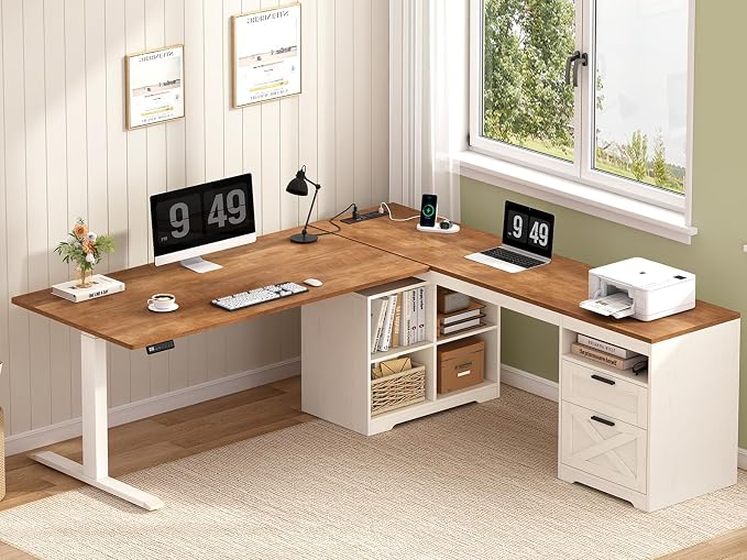 YOMILUVE Farmhouse L Shaped Standing Desk, 66 inch Corner Electric Standing Desk with Drawers ＆ Storage Shelves, Height Adjustable Computer Desk with Power Outlets for Home Office (Antique White)