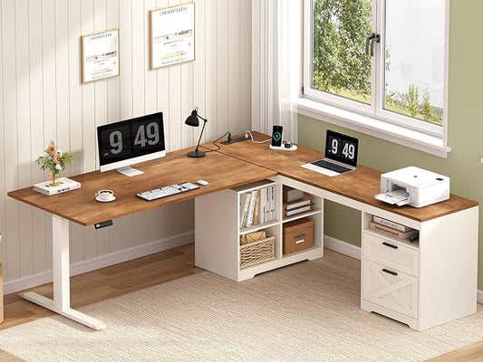 YOMILUVE Farmhouse L Shaped Standing Desk, 66 inch Corner Electric Standing Desk with Drawers ＆ Storage Shelves, Height Adjustable Computer Desk with Power Outlets for Home Office (Antique White)