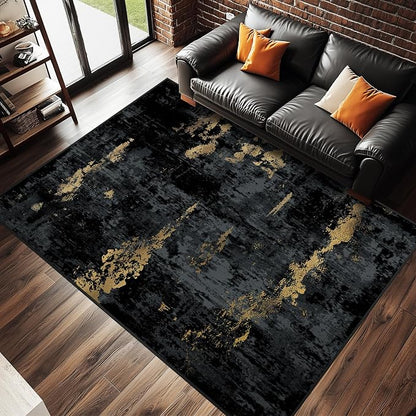 RELEANY Washable Area Rugs 7'x9' Non-Slip Modern Abstract Soft for Living Room Entryway Bedroom Kitchen, Print Pattern, Dark Black Gold