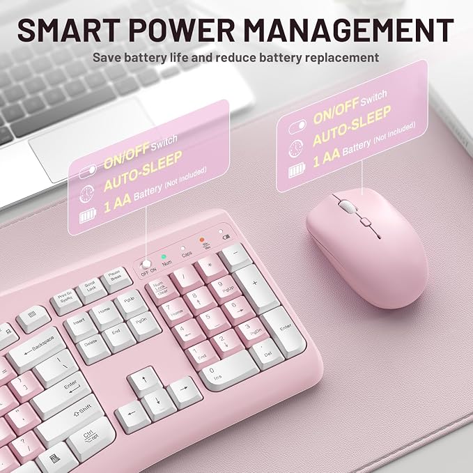 Wireless Keyboard and Mouse Combo,2.4G Full Size Ergonomic Curved Silent Keyboard with Fn Multimedia Keys for Office and Home, 3-DPI Quiet Mouse for Windows,Mac OS Desktop/Laptop/PC (Light Pink-A)