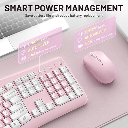 Wireless Keyboard and Mouse Combo,2.4G Full Size Ergonomic Curved Silent Keyboard with Fn Multimedia Keys for Office and Home, 3-DPI Quiet Mouse for Windows,Mac OS Desktop/Laptop/PC (Light Pink-A)