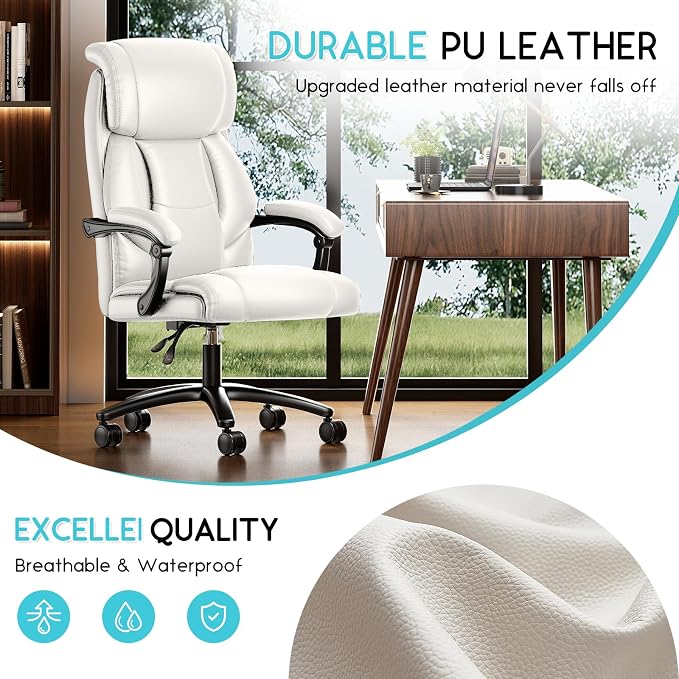 Ollega Big and Tall Reclining Executive Office Chair, 400lbs Leather, White | Breathable waterproof desk chair for home office; 92°-138° recline for back pain relief; wide seat for cross-legged sitting