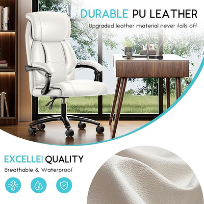 Ollega Big and Tall Reclining Executive Office Chair, 400lbs Leather, White | Breathable waterproof desk chair for home office; 92°-138° recline for back pain relief; wide seat for cross-legged sitting