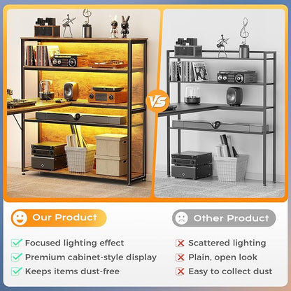 PRAISUN 57 Inch L Shaped Gaming Computer Desk with Larger Open Cabinet, Reverisble Office Desk with Power Outlets, LED Lights, Work Desk, Fabric Drawer, Adjustable Wood and Mesh Shelf, Rustic Brown
