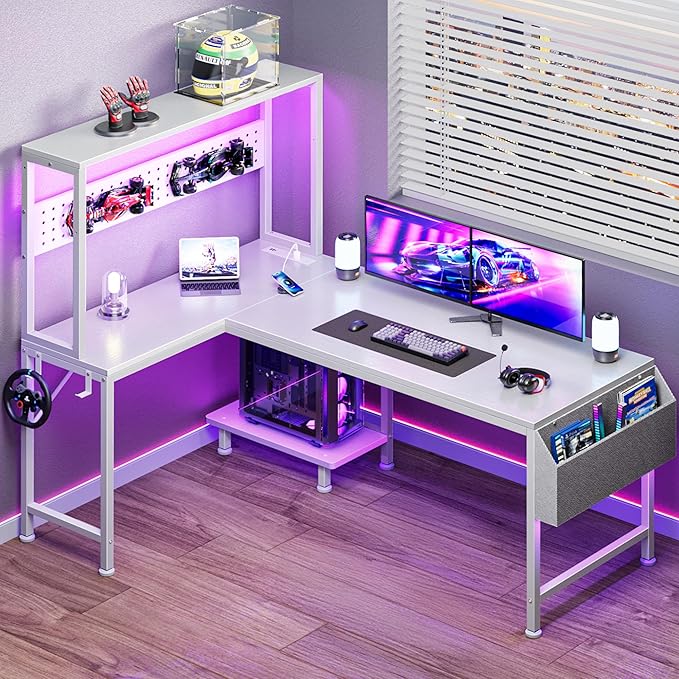 PRAISUN L Shaped Gaming Desk with LED Lights & Power Outlets, Reversible Computer Desk with Storage Shelves & Bag, Large Corner Home Office Desk with Pegboard for Work from Home, White