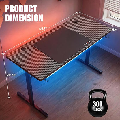 GTPLAYER Gaming Desk 55 Inch with LED Lights, Large Computer Desk with Mouse Pad for Home Office, T-Shaped Carbon Fibre Surface PC Game Workstations with Headphone Hook