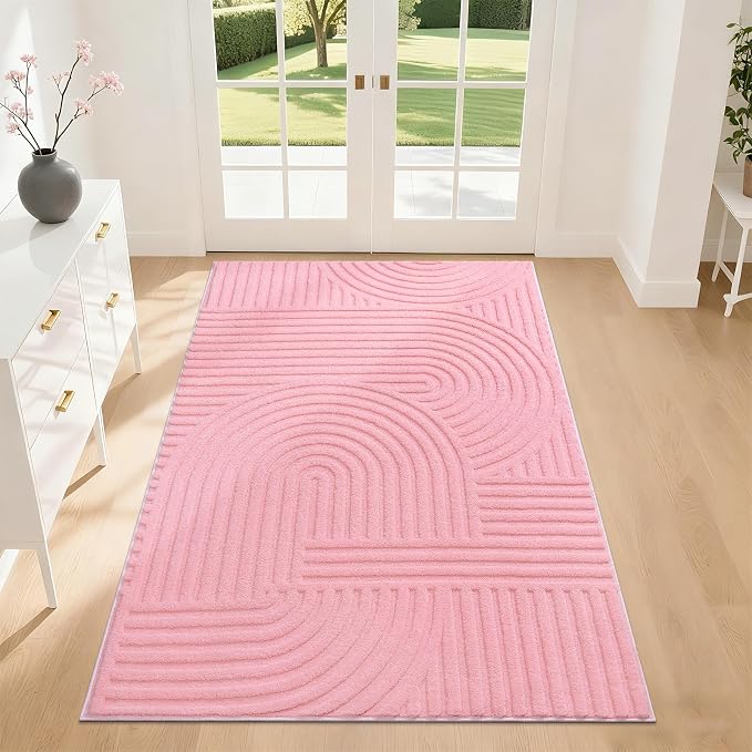 Pauwer Pink Area Rug for Girls Bedroom 3x5 Soft Fluffy Non Slip Machine Washable Rugs Arch Modern Indoor Mat Fuzzy Floor Carpet for Kids Nursery Living Room Dorm Playroom Dining Baby Home Decor