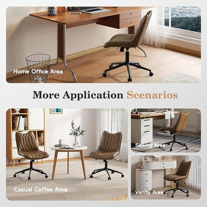 Armless Office Chair, Swivel Rolling Leather Desk Chair, Brown | Waterproof Upholstery, Padded Seat, 15° Relaxing Tilt, 330 LBS Capacity, for Bedroom Vanity and Computer Work