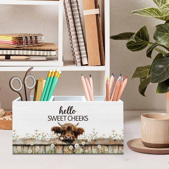 DILSJ Rustic Western Highland Cow Pen Pencil Holder Organizer for Desk, Highland Cow Gifts for Women, Hello Sweet Cheeks Wooden Box Signs for Home Office Desk Tabletop Decoration