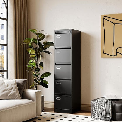 Fesbos File Cabinets - 5 Drawers Vertical 17.8" Deep Lockable Filing Cabinet - Black & Gray Metal Storage Cabinets for Home Office to Hanging Files Letter/Legal/F4/A4 Size